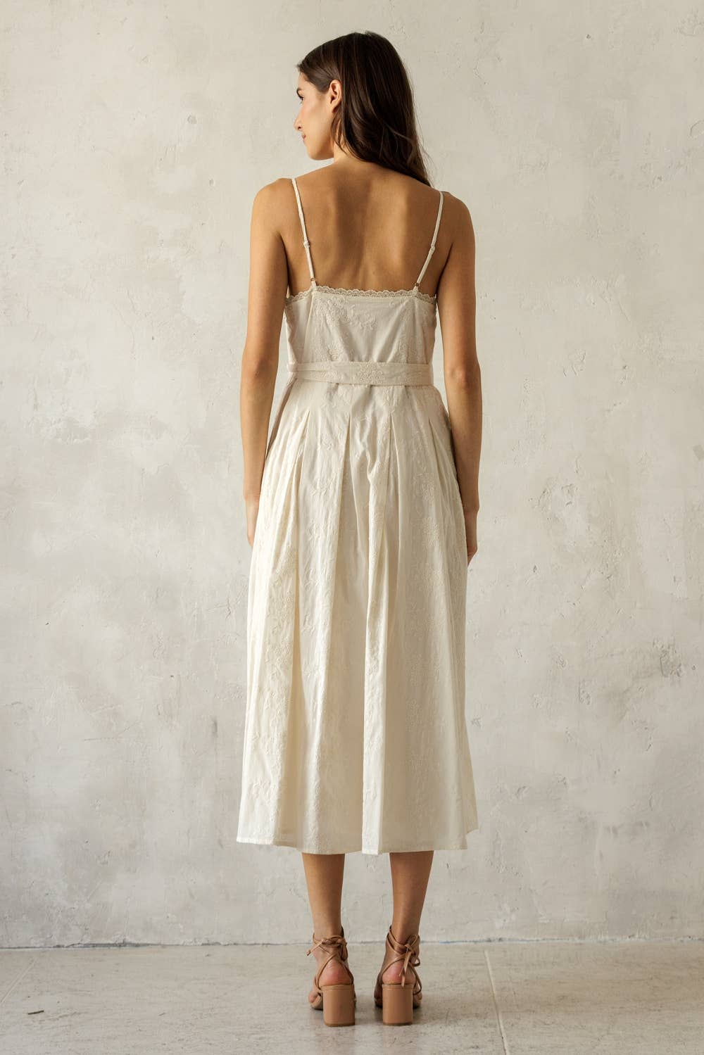 Cream Embroidered Pleated Midi Dress
