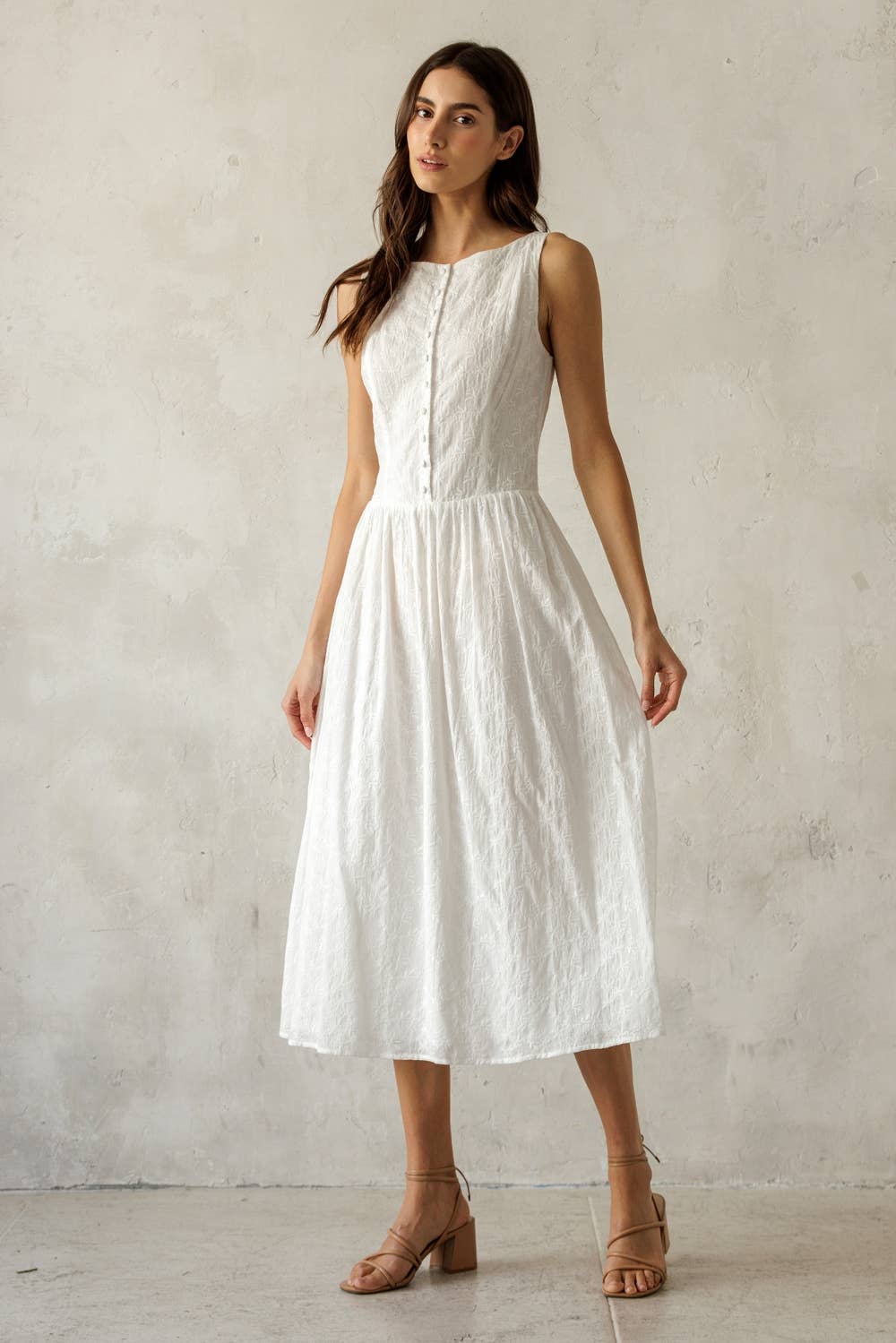 White Textured Floral Cotton Midi Dress
