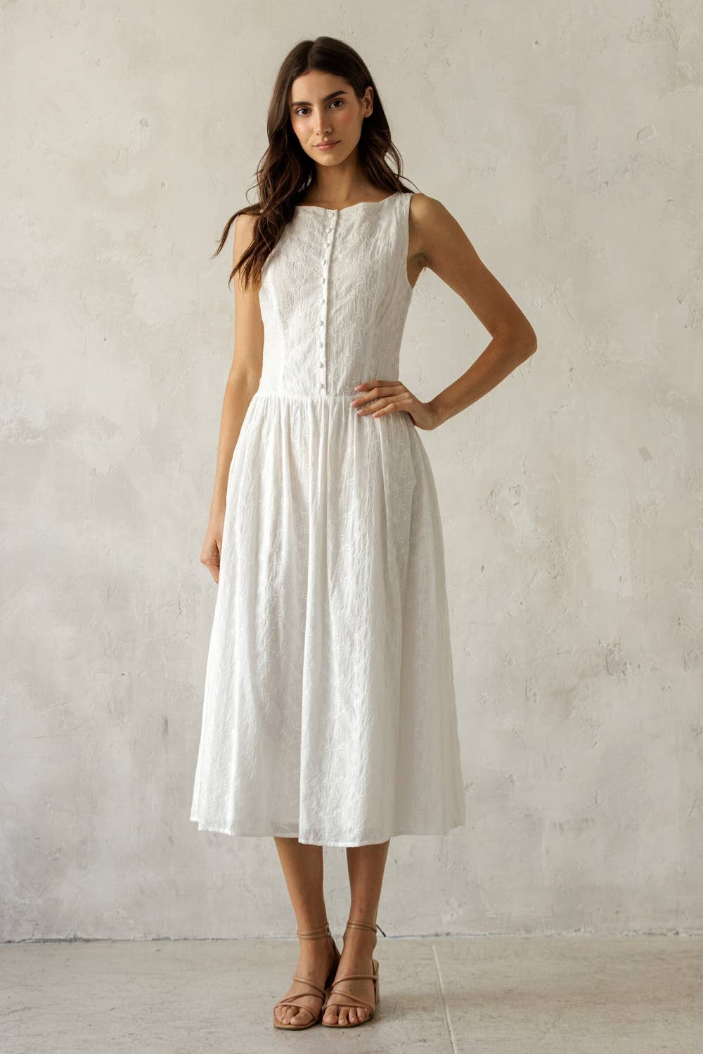 White Textured Floral Cotton Midi Dress