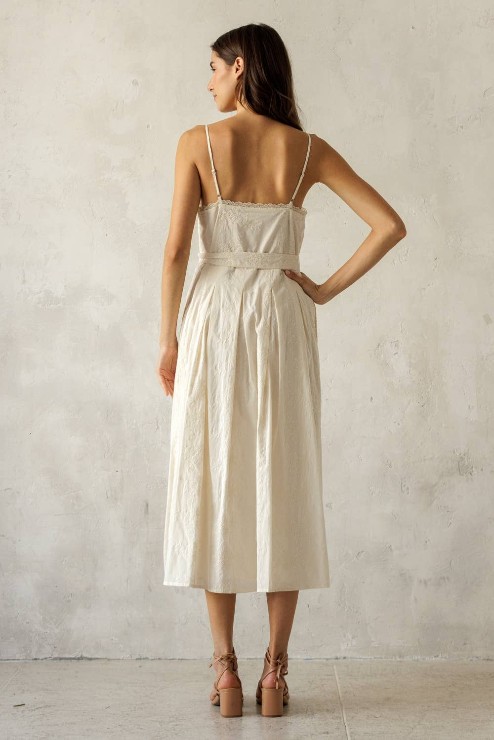 Cream Embroidered Pleated Midi Dress