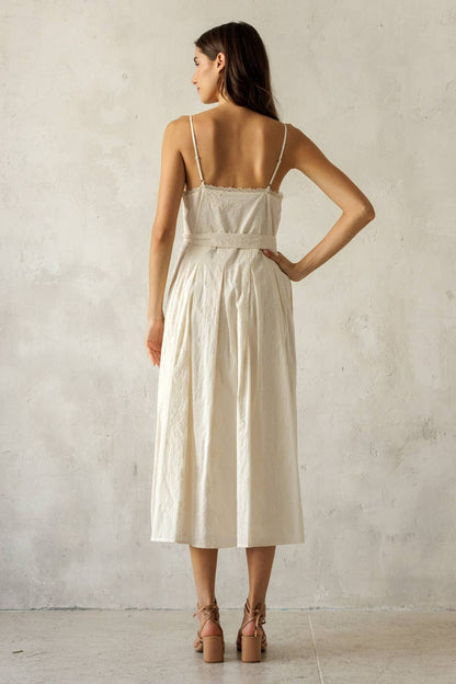 Cream Embroidered Pleated Midi Dress