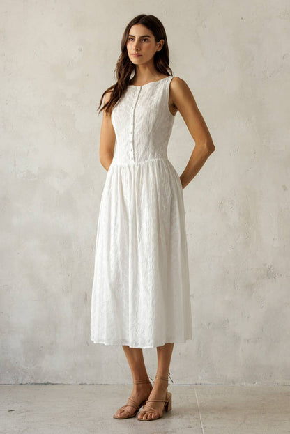 White Textured Floral Cotton Midi Dress