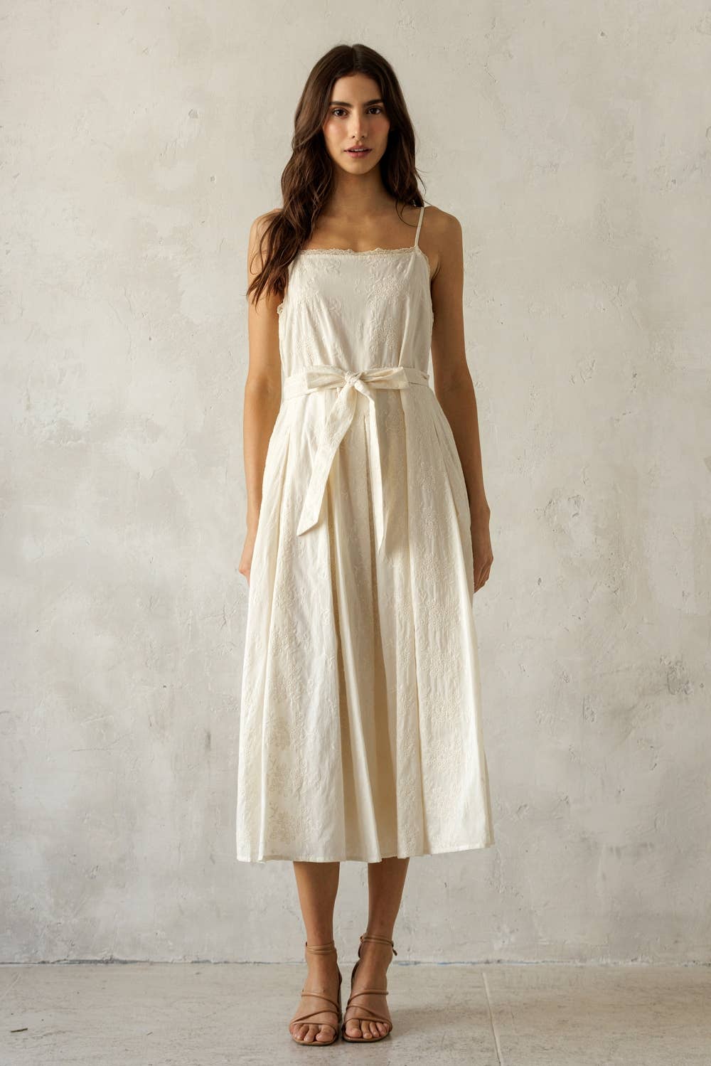 Cream Embroidered Pleated Midi Dress