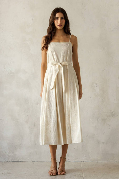 Cream Embroidered Pleated Midi Dress