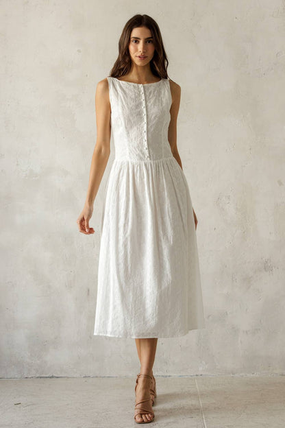 White Textured Floral Cotton Midi Dress