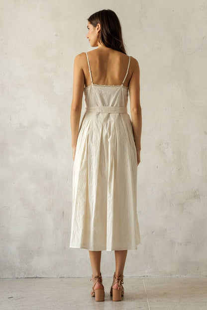 Cream Embroidered Pleated Midi Dress