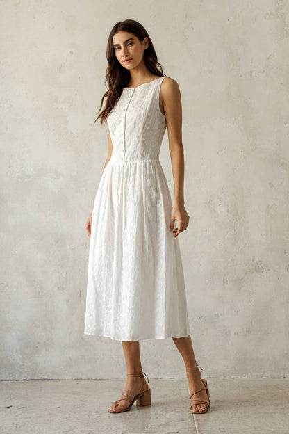 White Textured Floral Cotton Midi Dress