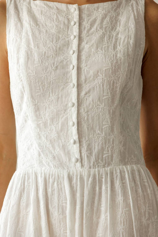 White Textured Floral Cotton Midi Dress