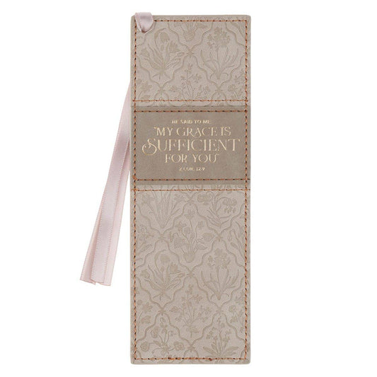Bookmark Faux Leather Taupe My Grace Is Sufficient 2Cor 12:9