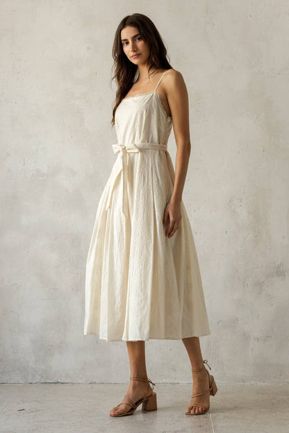 Cream Embroidered Pleated Midi Dress