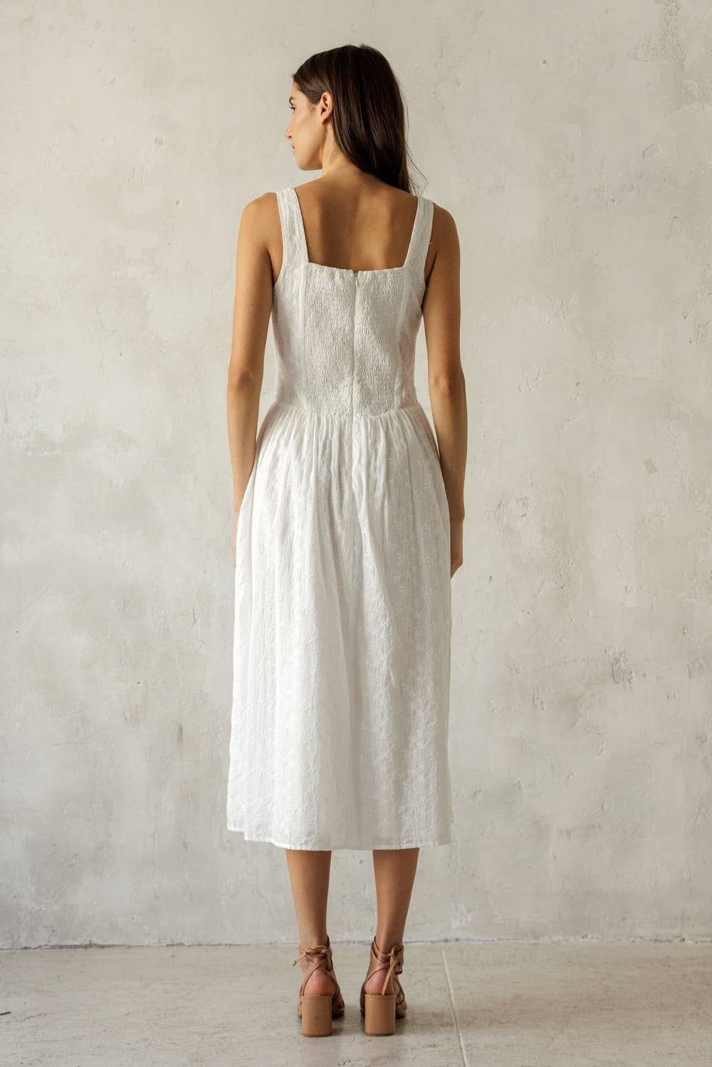 White Textured Floral Cotton Midi Dress