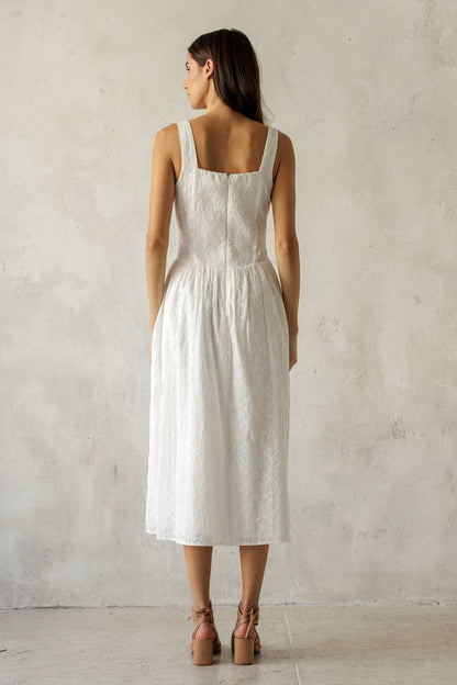 White Textured Floral Cotton Midi Dress