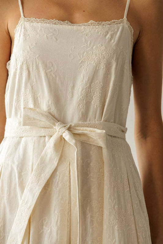 Cream Embroidered Pleated Midi Dress