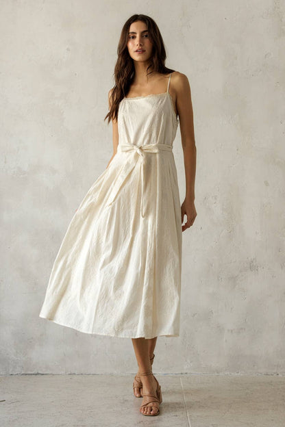 Cream Embroidered Pleated Midi Dress