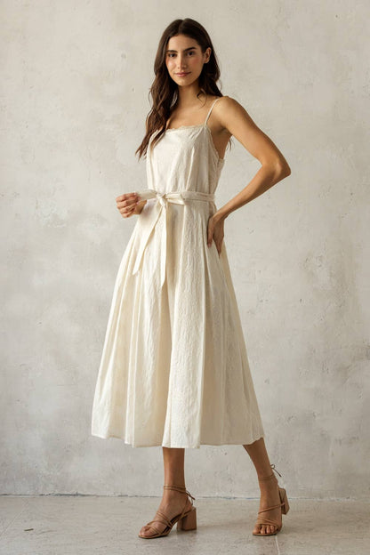 Cream Embroidered Pleated Midi Dress