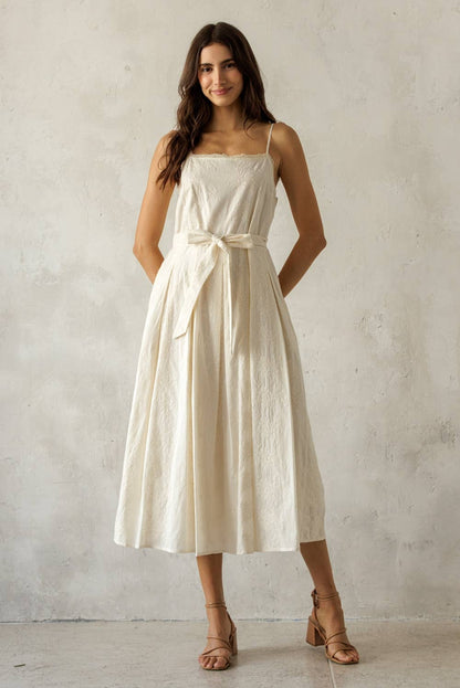 Cream Embroidered Pleated Midi Dress