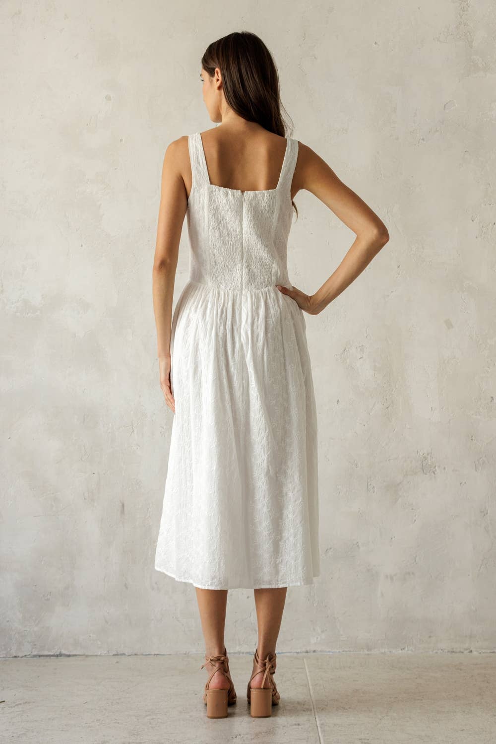 White Textured Floral Cotton Midi Dress